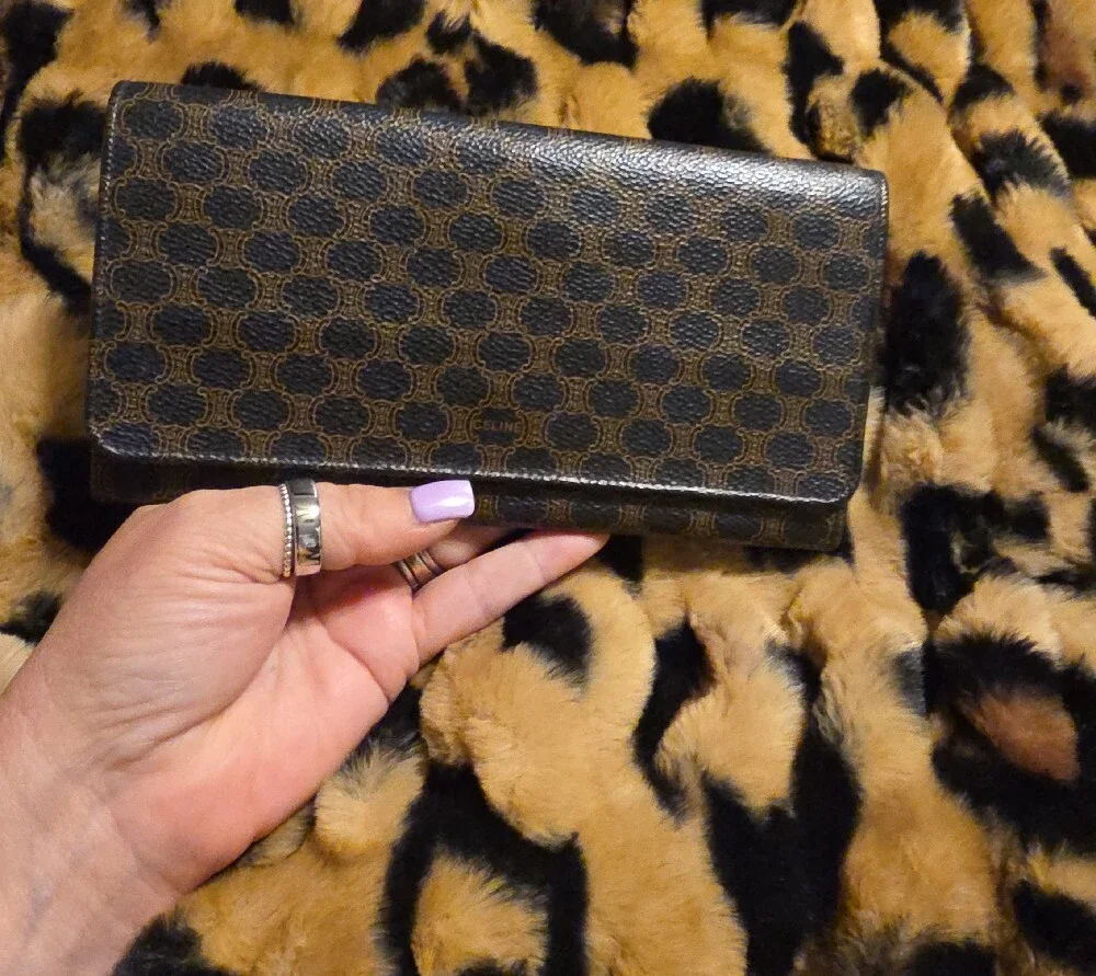 Celine Black and Brown Monogram Fold-Over Wallet